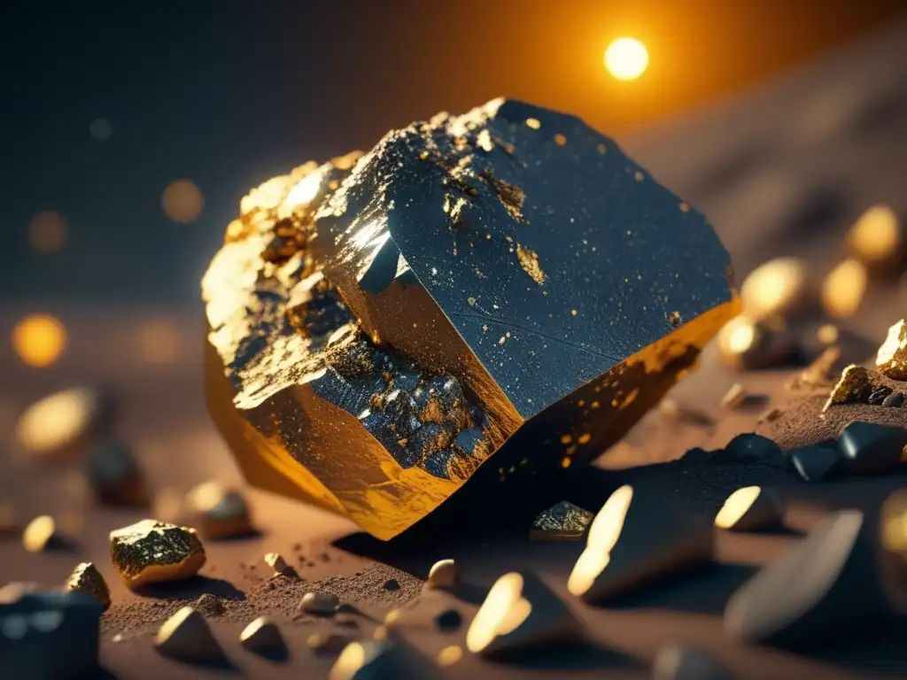 An astonishing 8k ultradetailed resolution image showcases a photorealistic closeup of a golden asteroid rock, adorned with intricate textures and gorgeously rendered lighting effects
