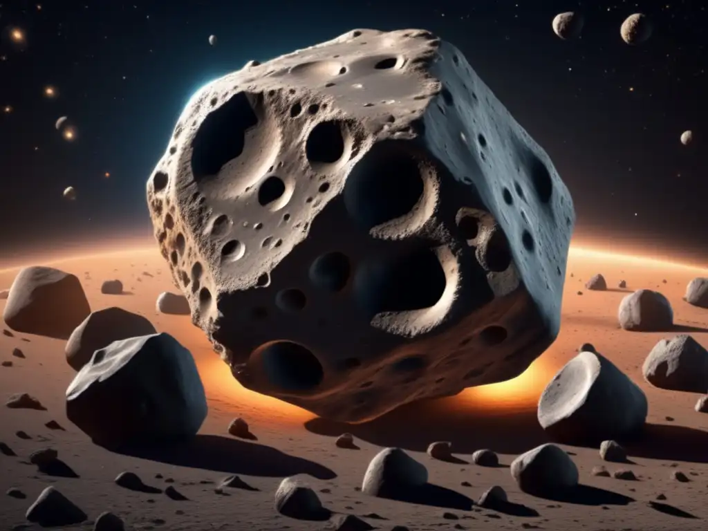 An intricate depiction of a large asteroid with visible pits and craters, surrounded by smaller asteroids in various positions