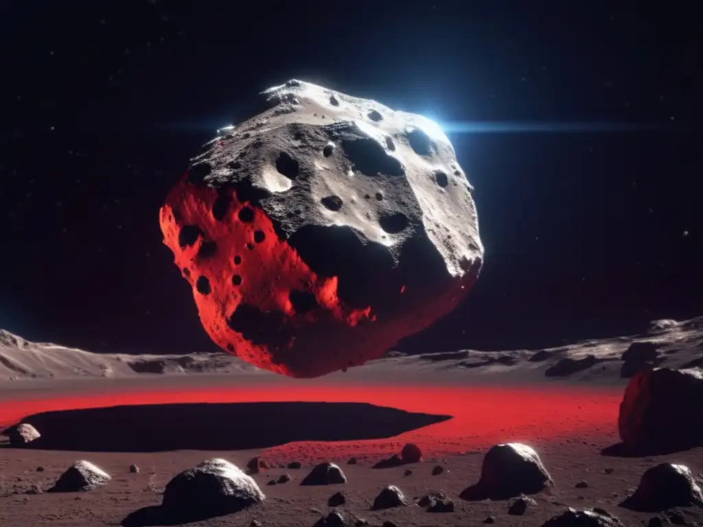 An image of a massive, glowing asteroid with a red metal surface hovers in space against a black background