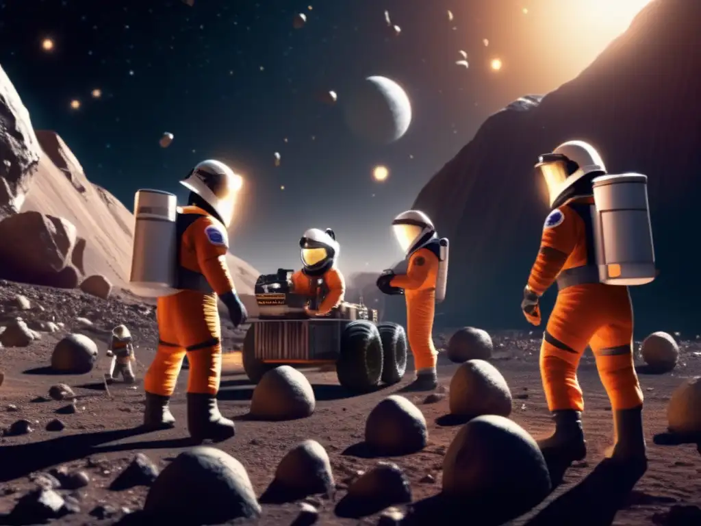 A group of asteroid miners in suits works tirelessly in the depths of the asteroid field, surrounded by intricate machinery and glowing asteroids
