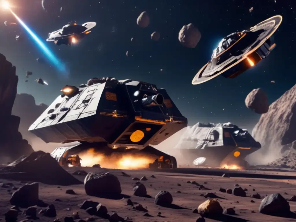 A photorealistic image of a deep space asteroid field with spaceships flying by, focused on a large asteroid with mining equipment attached