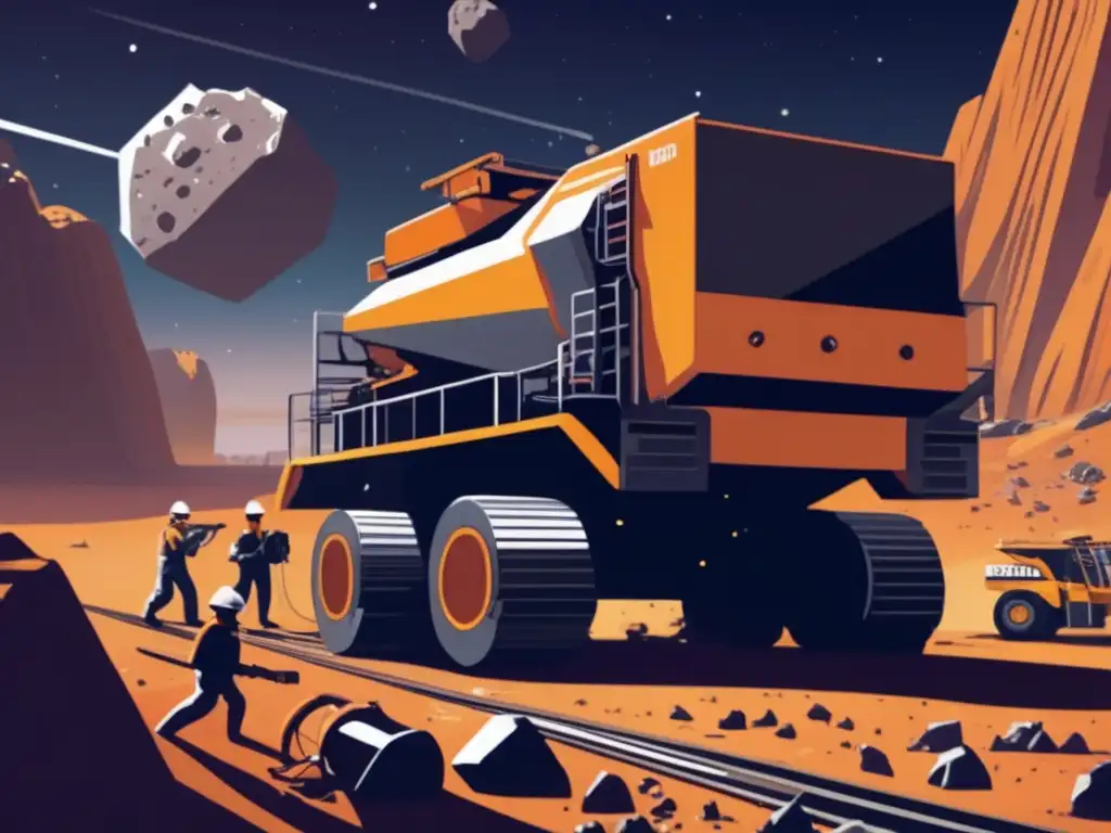 A massive asteroid stranded high atop a mining platform, surrounded by a multitude of earth-moving equipment, is thriving in a bustling mining process