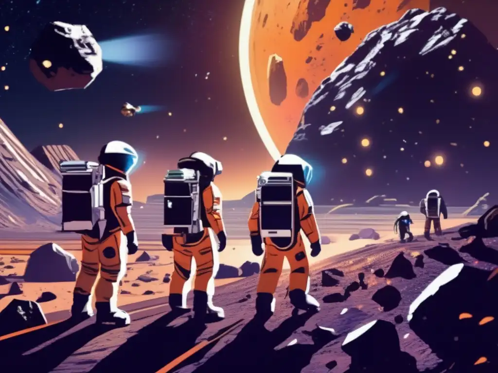 A group of brave explorers navigate through an asteroid mining operation, set against a backdrop of a sprawling asteroid belt