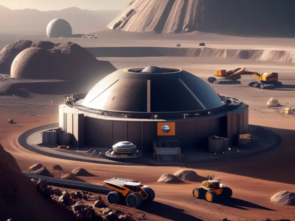 A panoramic view of a futuristic asteroid mining facilitynested in the heart of a dusty, rocky landscape