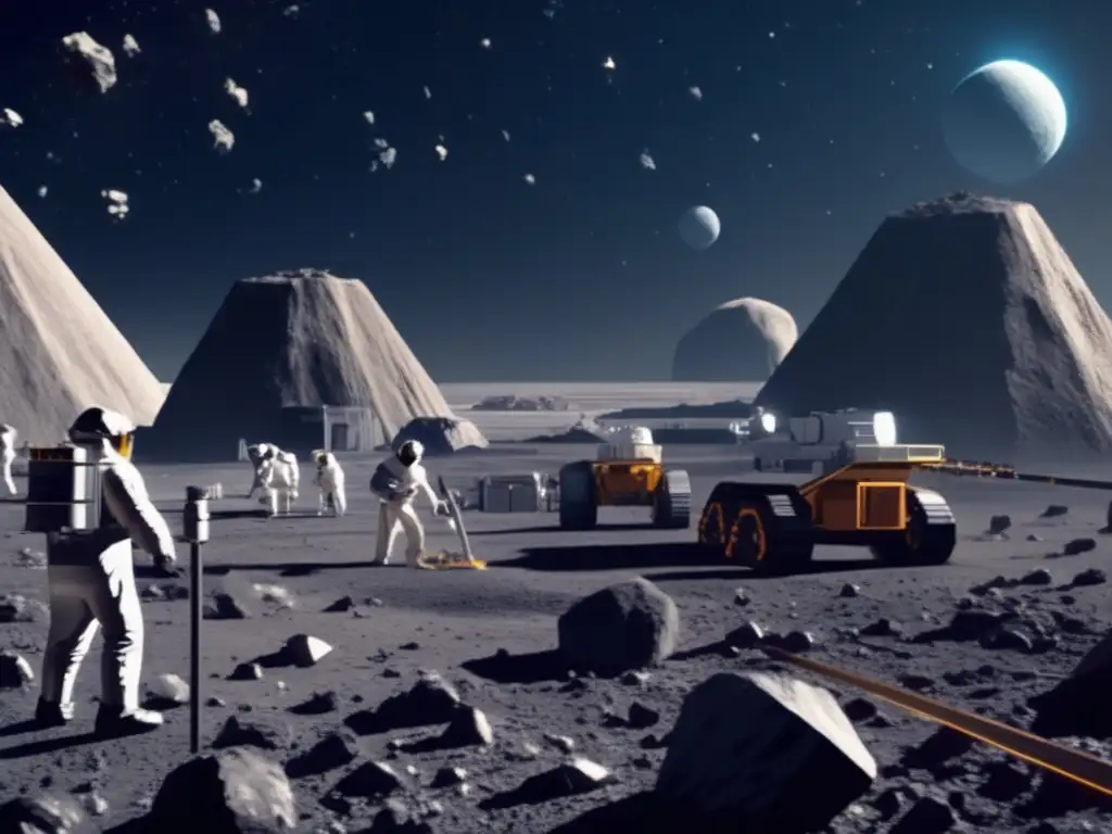 An intense scene of asteroid mining in action, where workers in suits and kneepads tirelessly drill into the field