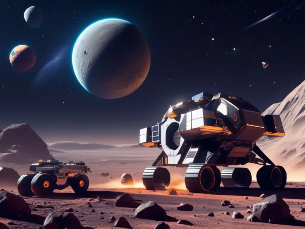 A photorealistic image of an asteroid mining facility, set against a backdrop of gorgeous cosmic views, with intricate machinery and equipment visible