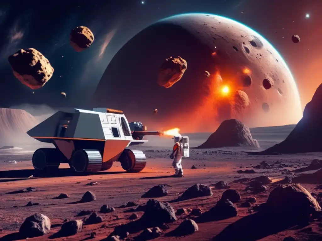 An eerie, otherworldly landscape with asteroids scattered in vast space