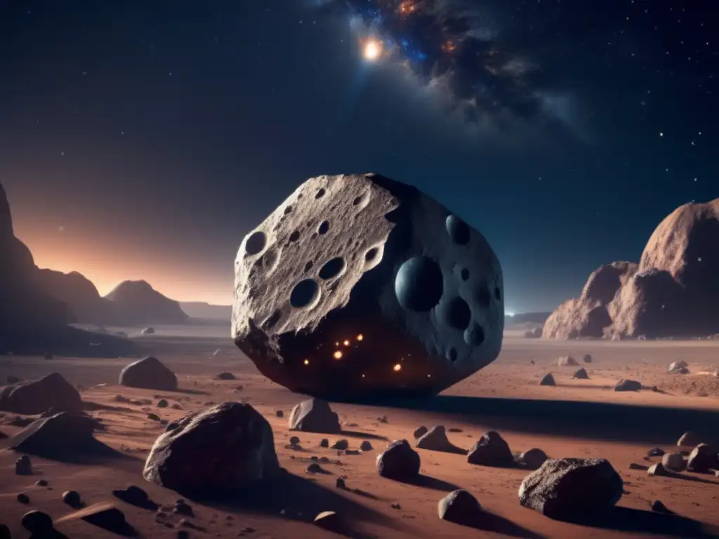 ��� store | A perilous photorealistic image of a giant asteroid, adorned with jagged rocks and pending space-based mining activities