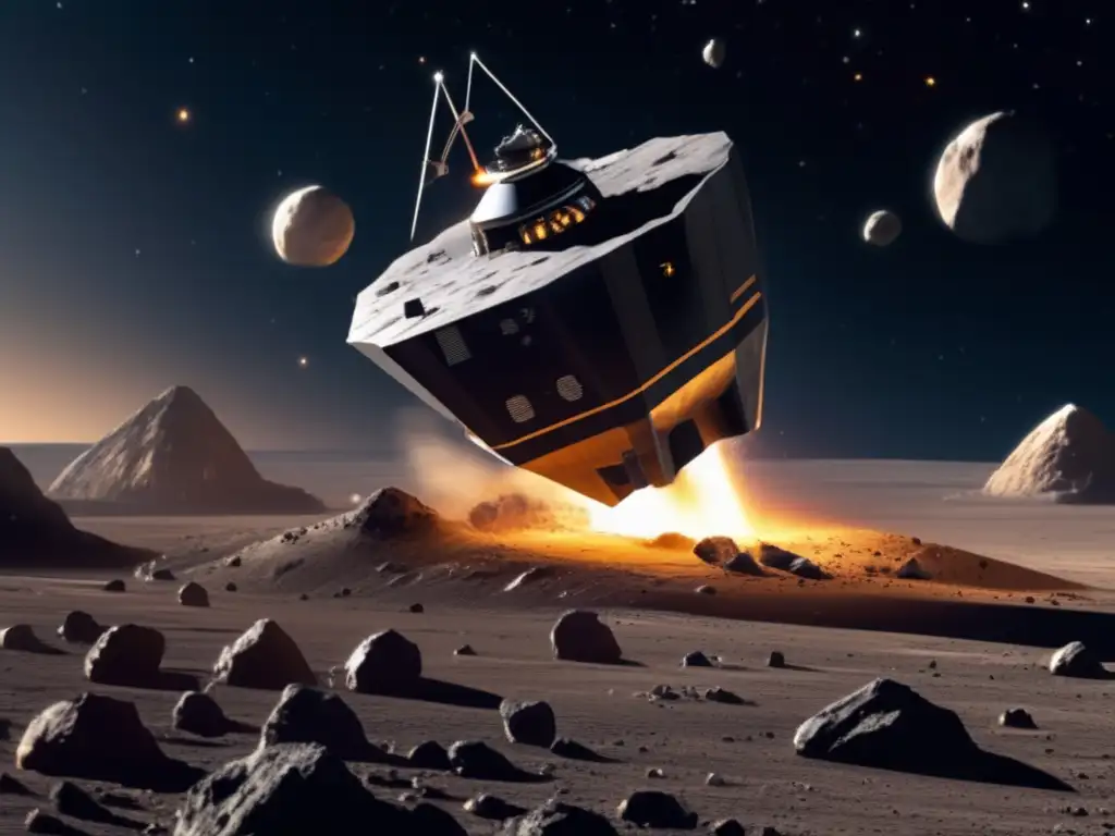 A breathtaking photorealistic depiction of a spacecraft mining on an asteroid's surface