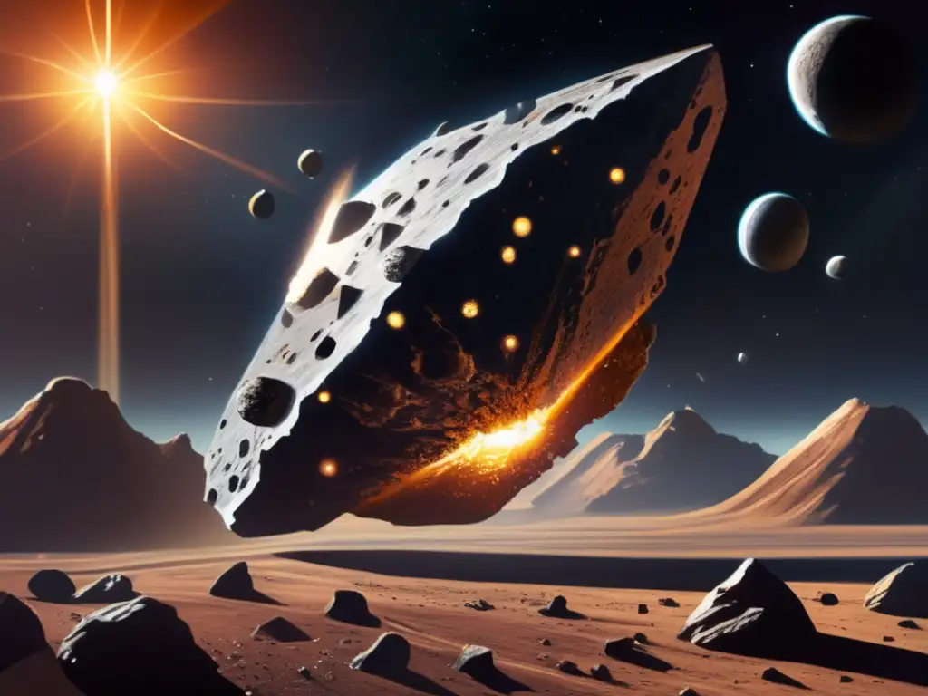 An exciting depiction of an asteroid mining mission in a highly detailed photorealistic style, with a sleek spaceship connected to a jagged asteroid by mining arms