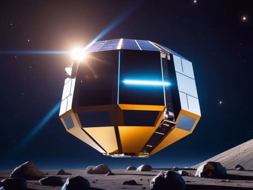 A closeup of a sterile, metallic asteroid mining module floating in space against a black velvet backdrop