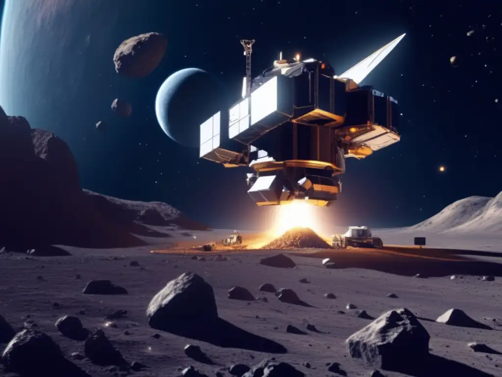 A breathtaking image of an advanced asteroid mining operation in space, featuring a harvester drilling into the asteroid to extract valuable minerals