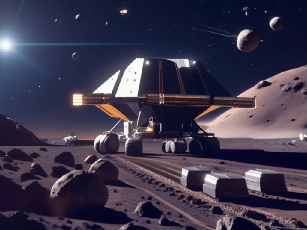 A breathtaking photorealistic image of an asteroid mining operation in space