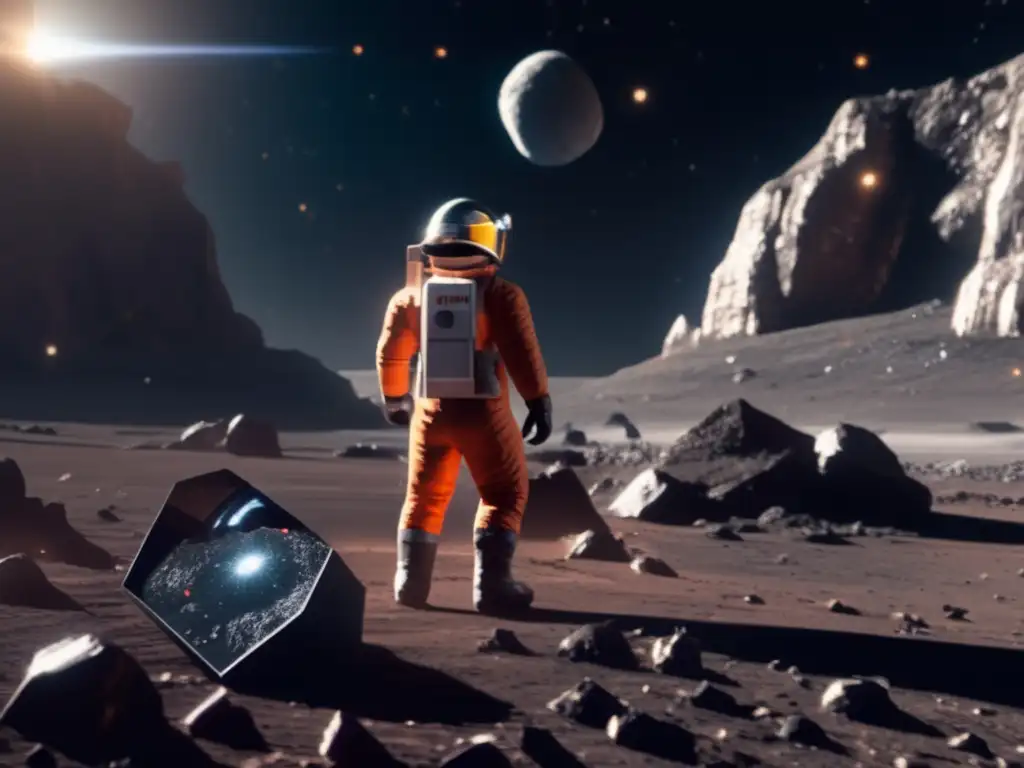 An isolated lone miner in futuristic gear stands on a reflective asteroid, surrounded by rocky cliffs and mining equipment
