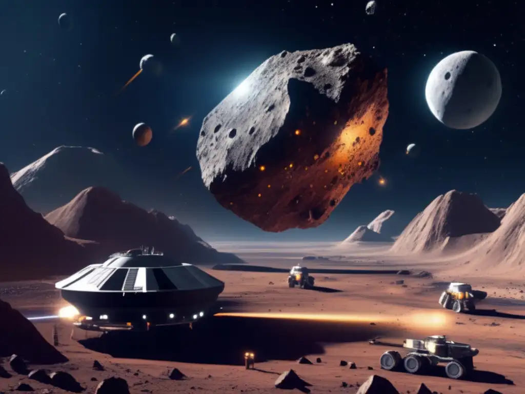 A breathtaking photorealistic image captures an asteroid mining operation in space, with a bird's eye view of the asteroid, a sleek spaceship hovering nearby, and modern mining equipment visible in the foreground