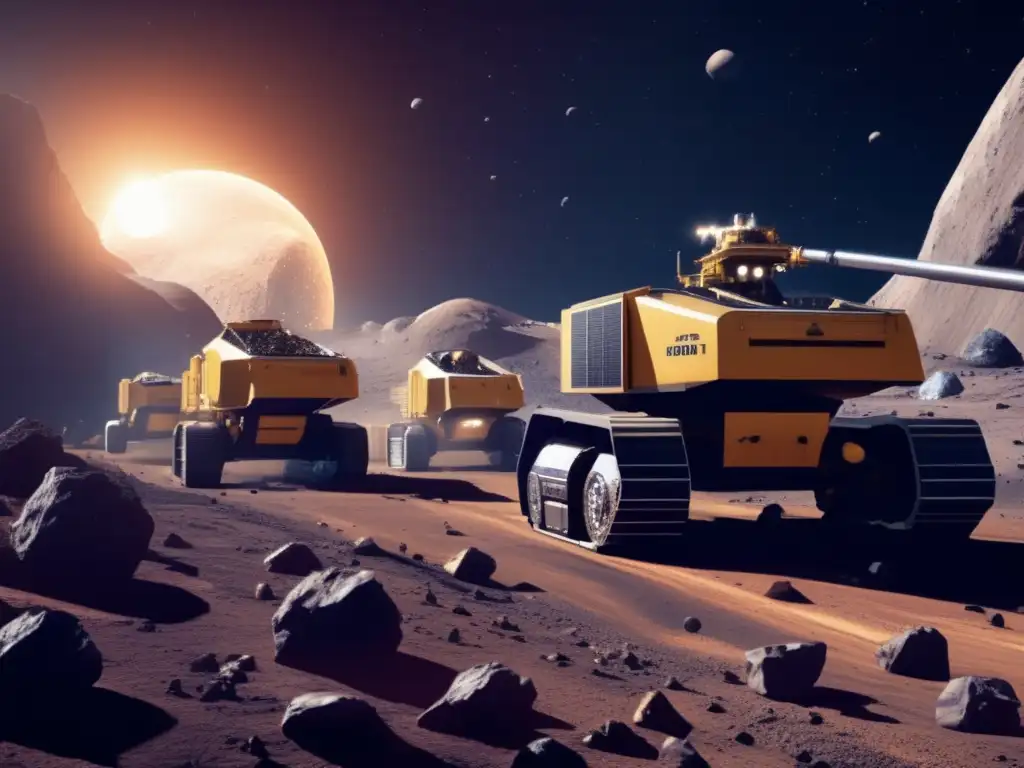 A bustling asteroid mining operation with drills and excavators working together in a controlled environment amidst a vast array of asteroids and mining equipment