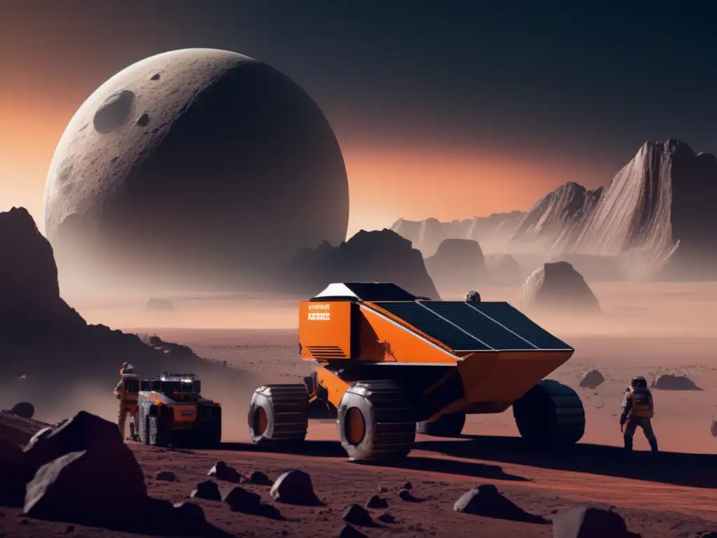 An atmospheric photo captures an asteroid mining operation on a barren, foggy exoplanet moon