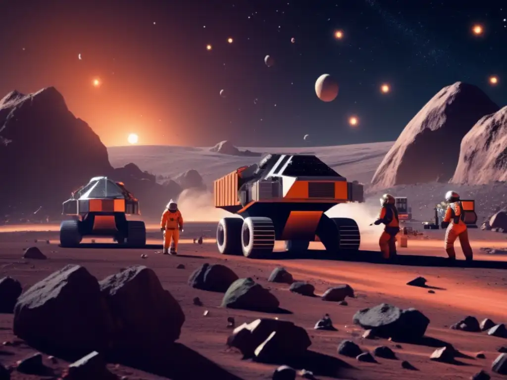 A bustling asteroid mining operation creates a visually stunning scene of dark orange glow, smoke, and dust