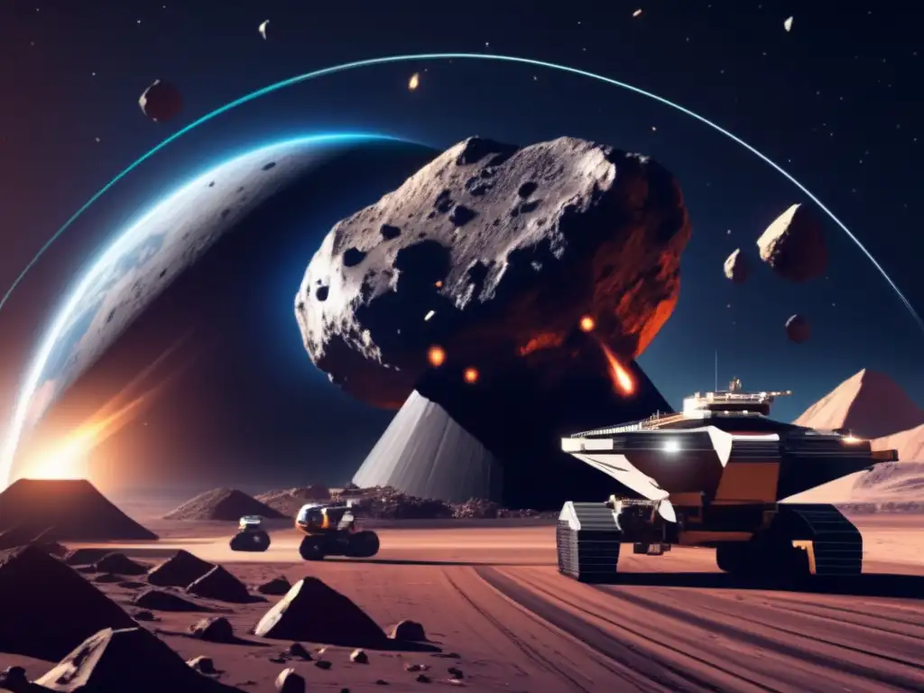 Picturesque photorealistic image of an asteroid mining operation, with a massive asteroid in the foreground, towering over a fleet of mining ships