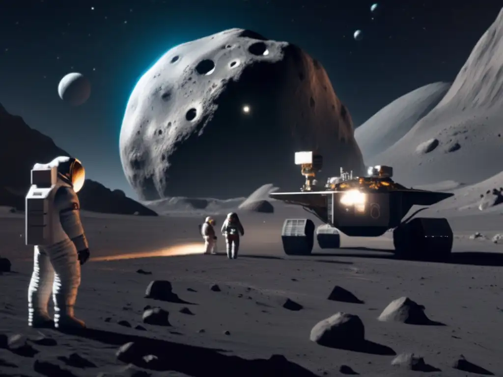 Watch out for hazards and riches on this asteroid mining mission: a photorealistic spaceship gathers resources among massive, limited, high-resolution gray rocks, while human workers suit up in a dark, dramatic one-eighty-degree view, glowing stars visible in a blue haze in the distance