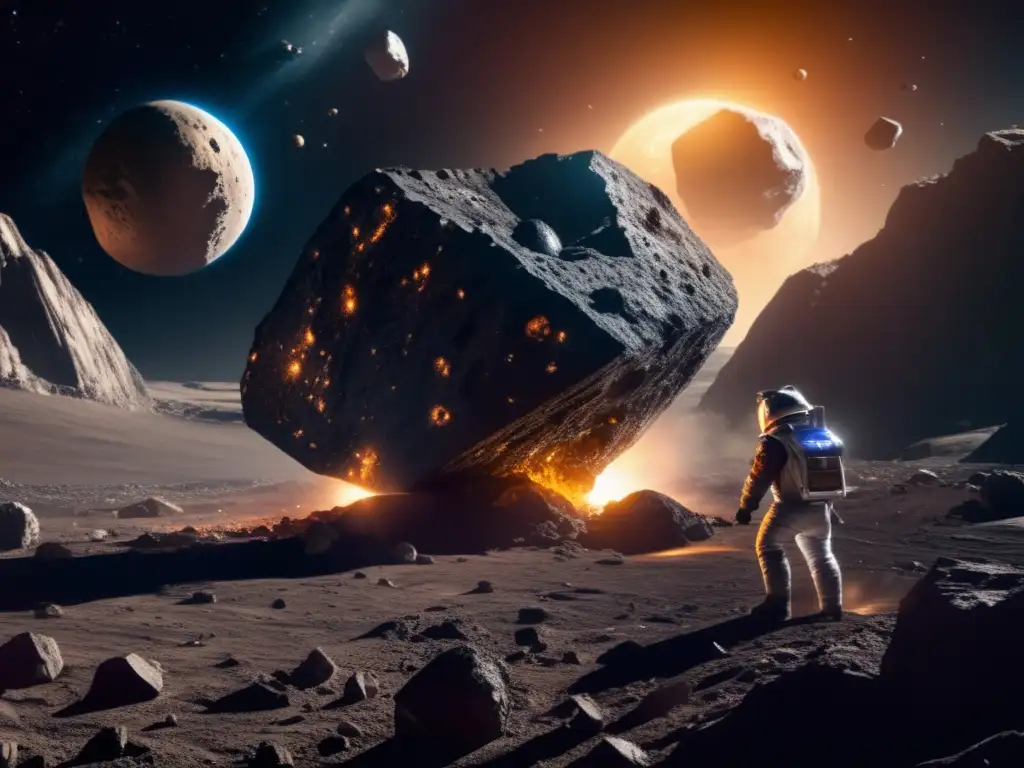 A dramatic asteroid mining scene in space with a focus on the large asteroid and the machinery, showcasing exploration and discovery