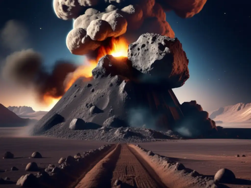 A dramatic image of a massive asteroid being mined, revealing an underground shaft with smoke and debris billowing out