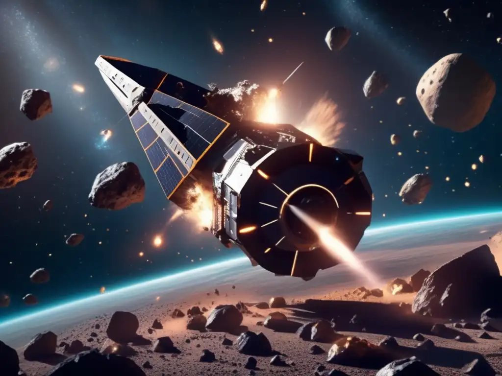 A dynamic space scene, where an asteroid mining spacecraft gracefully drills through an array of asteroids, while surrounded by the mesmerizing glow of distant stars