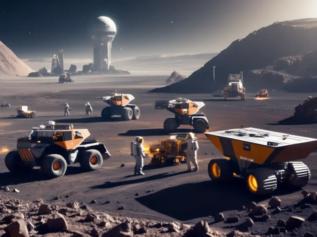 A mesmerizing image of a bustling mining site on a desolate asteroid, bathed in the glow of artificial lighting