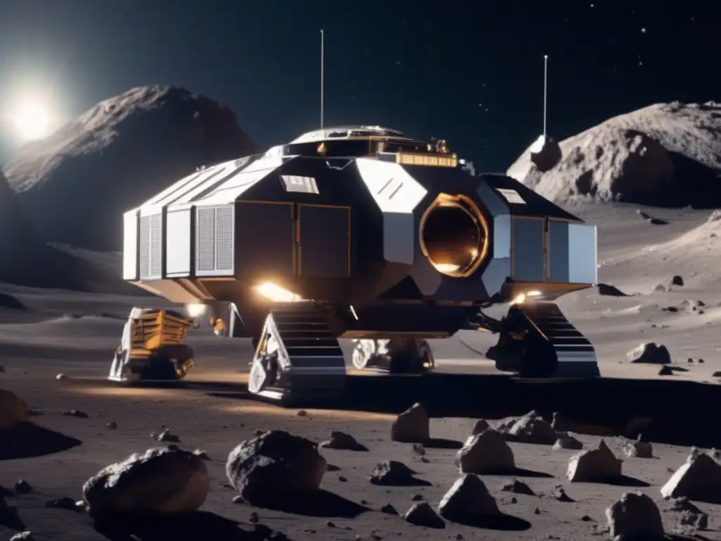 A mesmerizing photorealistic image of an asteroid mining spacecraft, hovering in front of a dazzling white framed asteroid
