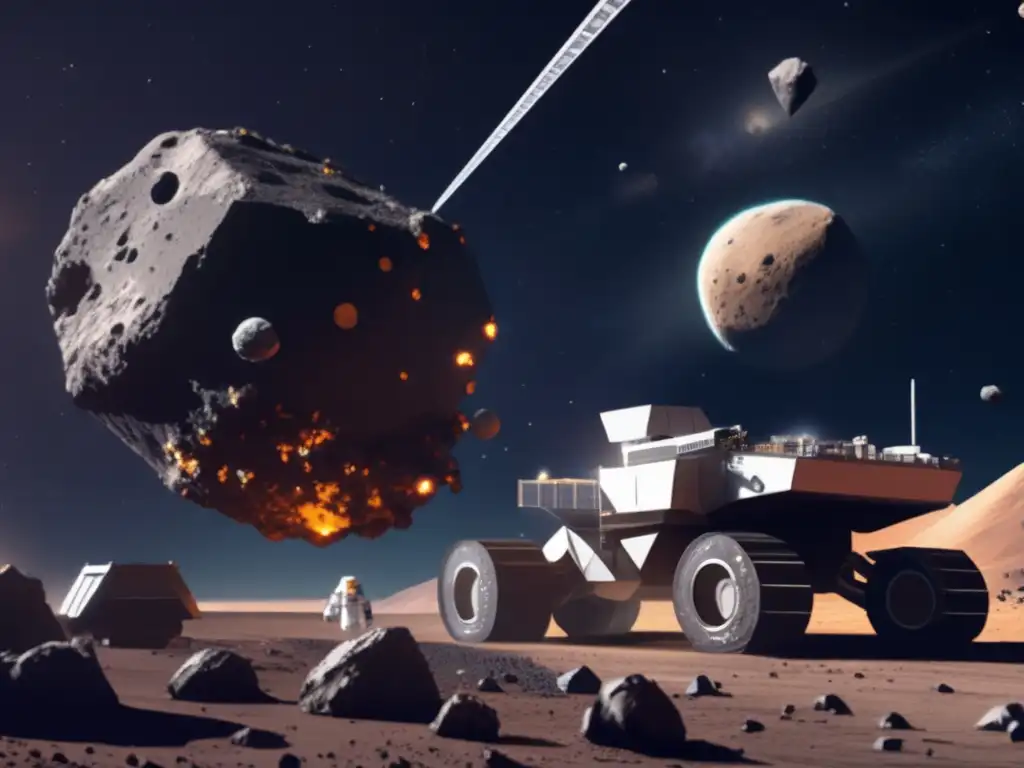 An epic scene of asteroid mining in space, showcasing a colossal asteroid against the backdrop of infinite cosmos