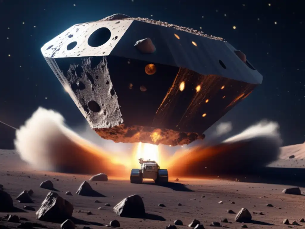 A photorealistic image of a spacecraft drilling into an asteroid, capturing the vastness and scale of space exploration