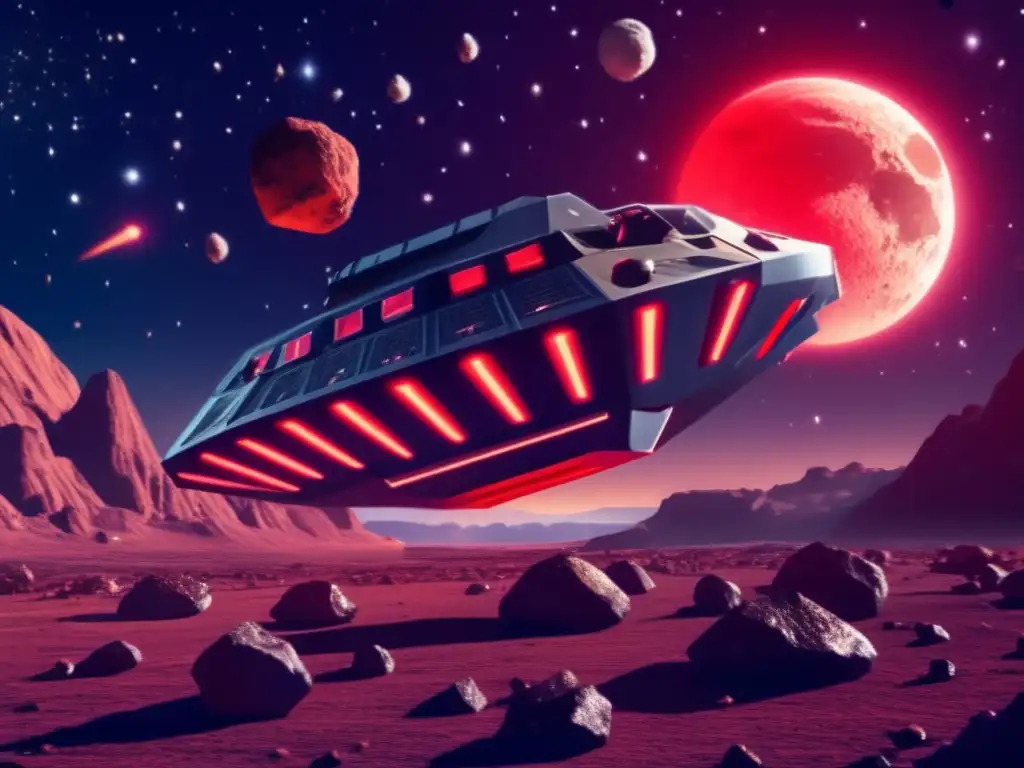 Photorealistic image of a gleaming asteroid mining spaceship soaring through a field of rocky asteroids, with a towering red dwarf star glowing in the background