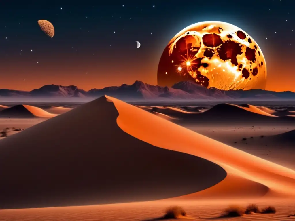 A desert landscape with dunes, and a large moon casting an orange glow