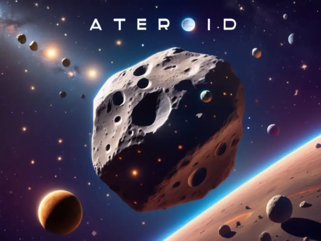 An asteroid labeled with its name, size, and orbit is shown in a photorealistic background of stars, planets, and other celestial bodies