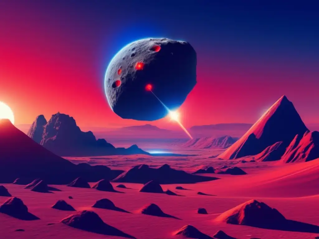 A breathtaking view of a photorealistic asteroid-like body hovering over an oasis like landscape, with a clear blue sky and a red sun rising over the horizon