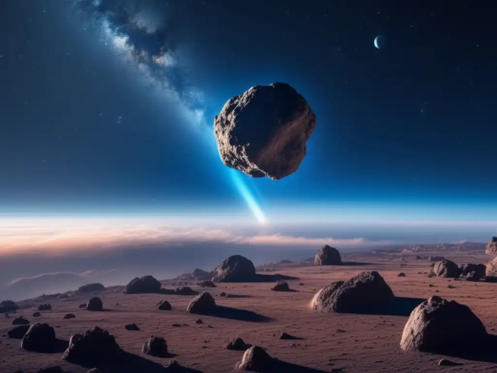 The ultimately blurry asteroid ellipses through the deep blue of endless space, casting its ethereal glow onto the perfect outdoor light and blue sky in the background