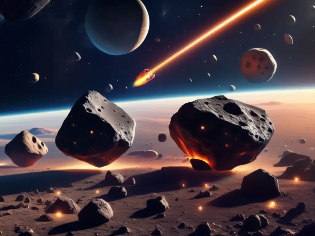 A breathtaking photorealistic image of two asteroids, complete with antennae and robotic arms, hurtling through space around Earth