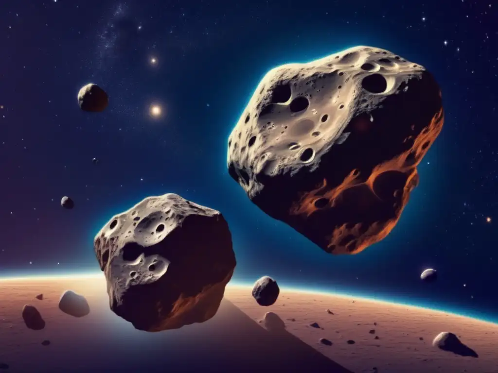 In the black expanse of space, two asteroids dance in a captivating ballet