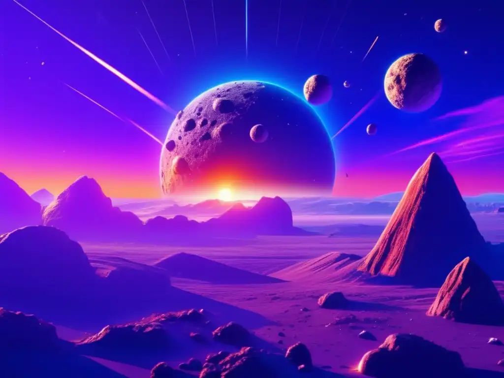 Ten stunning asteroids, each etched with unique patterns, sail through a radiant sky of blue and purple as a breathtaking sun beams brightly in the distance, creating a captivating horizon
