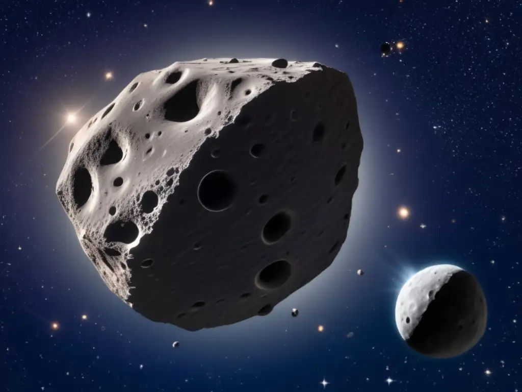 Harmonia asteroid appears to be orbiting in space, viewed from below in this detailed photorealistic image