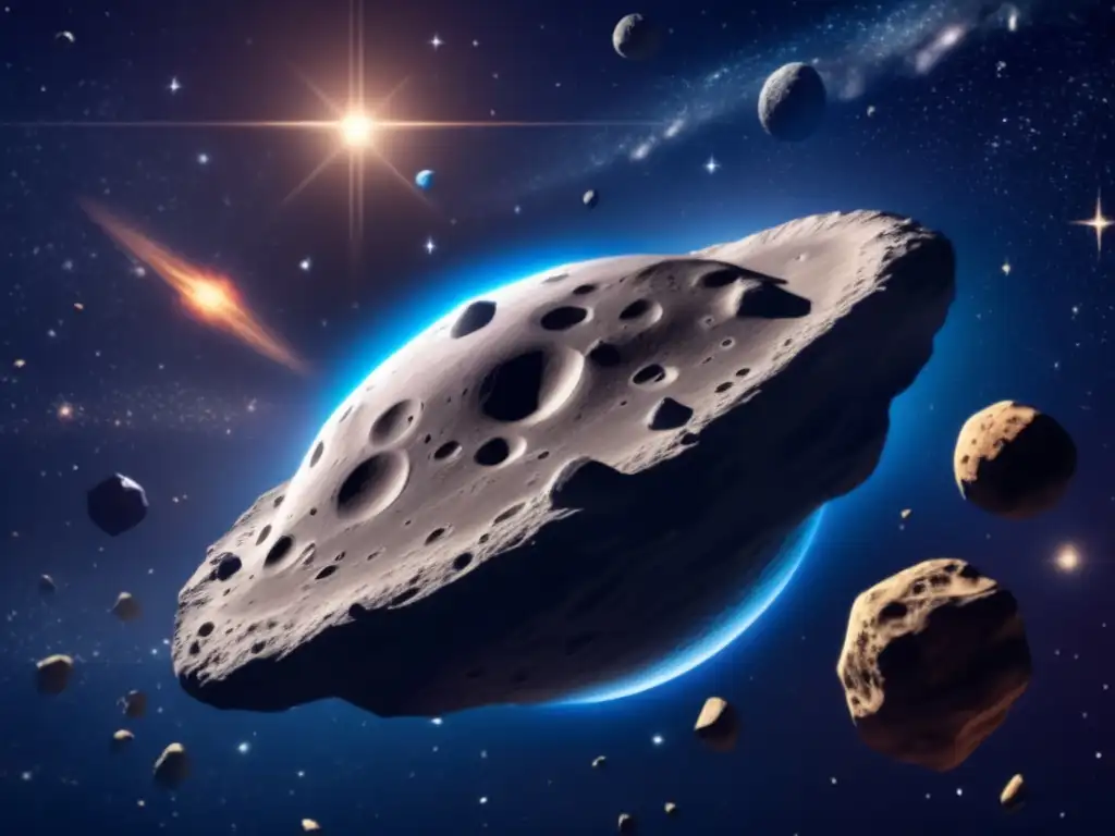 A cosmic wonder, this photorealistic image captures the majestic beauty of a large asteroid floating in space, surrounded by smaller rocky outcroppings and sparkling stars in the backdrop