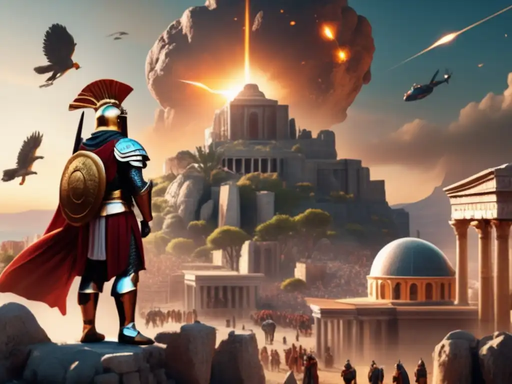 Asteroid hovering over Byzantium ruins - Greek warriors protect deity statue