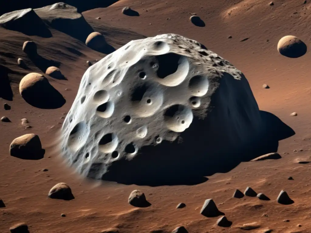 Asteroid Palinurus, a photorealistic closeup of a rocky and craggy surface, with distinct depressions and ridges captured in high depth of field