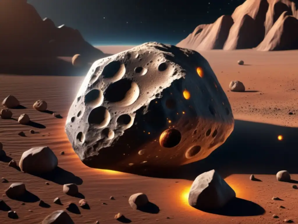 A stunning photorealistic depiction of the asteroid Palinurus, orbiting around Earth, with an intimate closeup of its rugged, bumpy, and uniquely-colored terrain, ranging from dark brown to graybrown, with breathtaking highlights from the sun's bursts illuminating its craters and valleys, capturing its intricate detail and essence