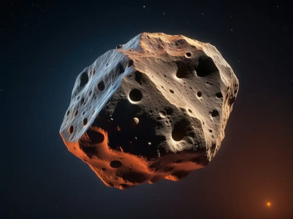 Asteroid Palinurus, a reddish-brown, jagged space rock, intricately displayed against a black backdrop