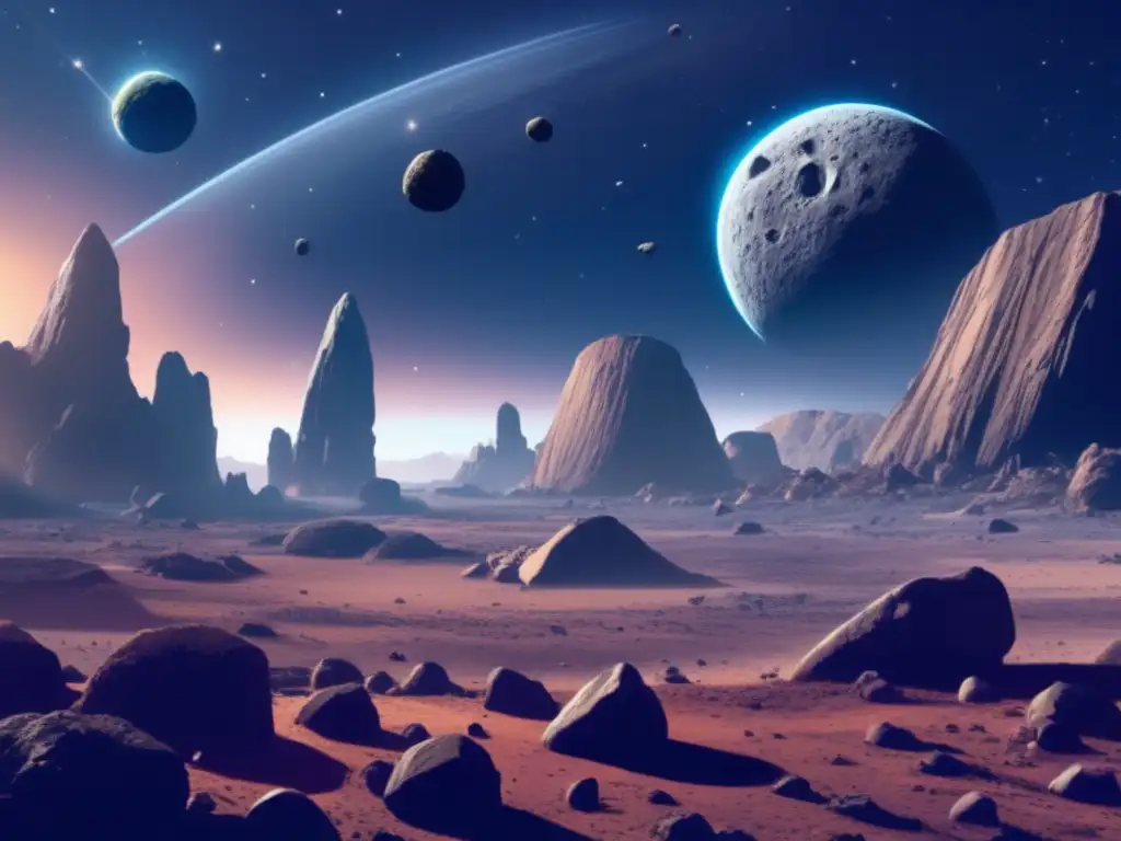 A breathtaking panorama of a sprawling asteroid field in space, with diverse asteroids of varying sizes and shapes visible in the foreground and background