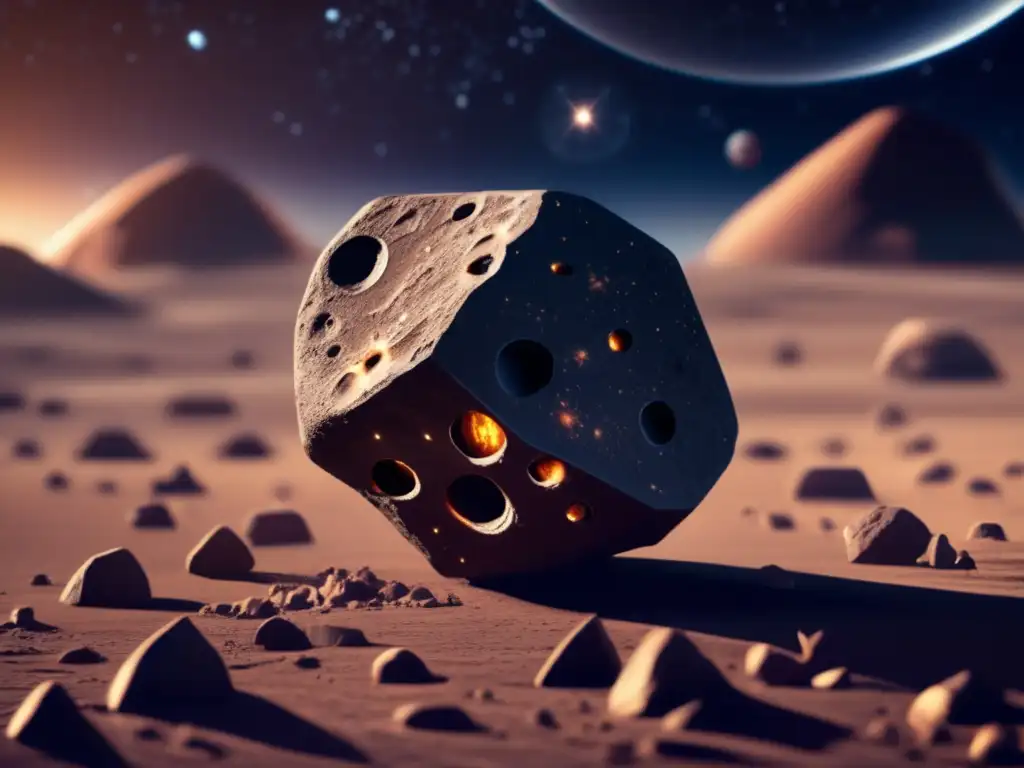 A photorealistic rendering of an asteroid, intricately adorned with ancient petroglyphs, against the backdrop of infinite space