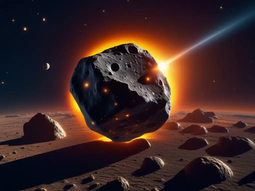 A stunning, highly detailed photorealistic depiction of Asteroid Nysa orbiting the sun