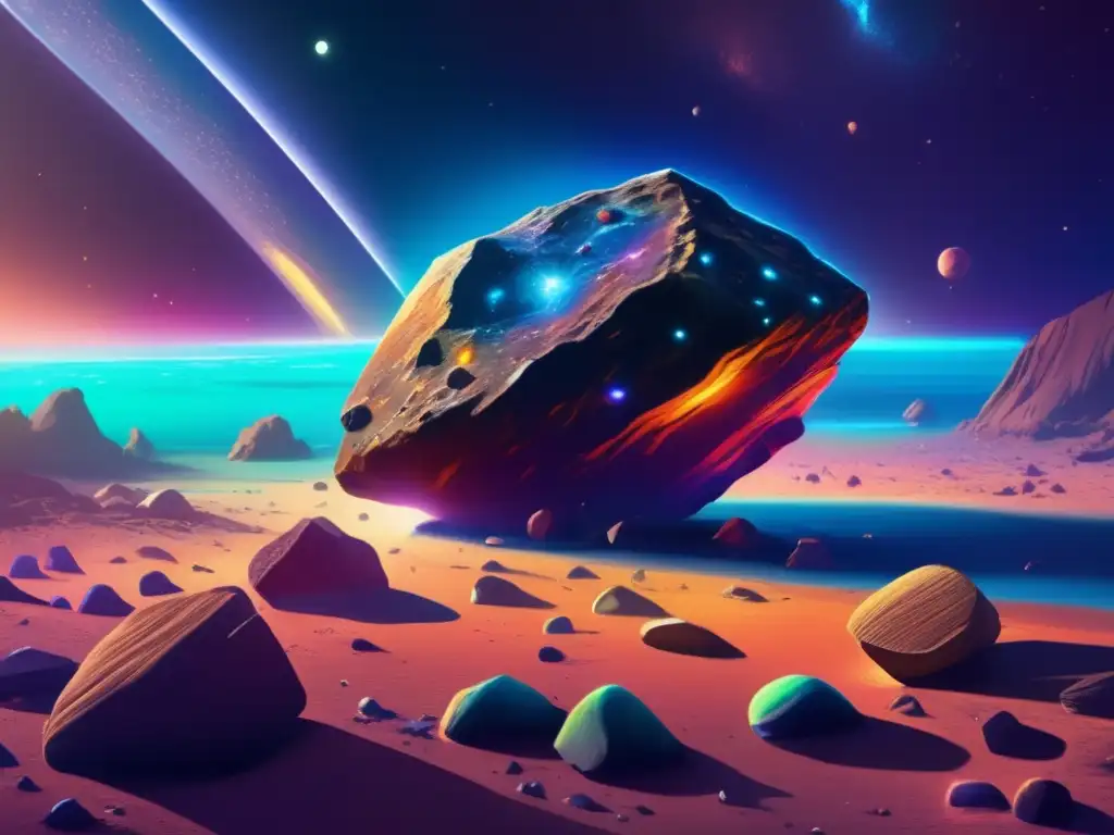 A photorealistic digital painting captures the essence of an asteroid, with multicolored rocks and irregular shapes illuminated by a radiant source of light