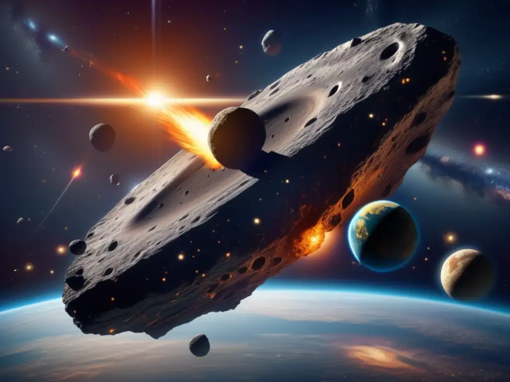 A detailed image of a huge asteroid zipping through space, accompanied by space equipment such as telescopes, space probes, and satellites